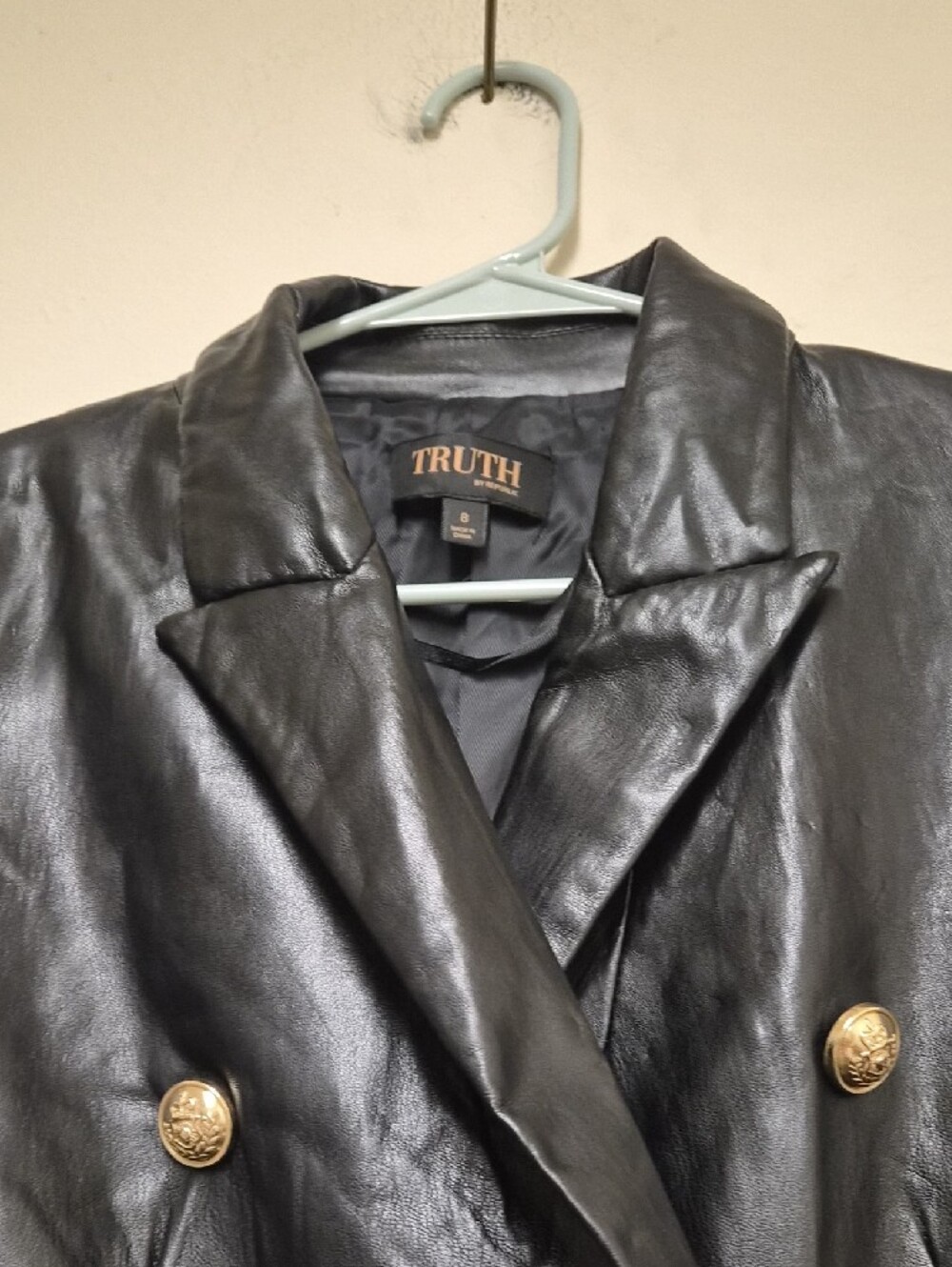 Truth Black Faux Leather Double-Breasted Blazer with Gold Buttons Size 8 - Picture 3 of 11